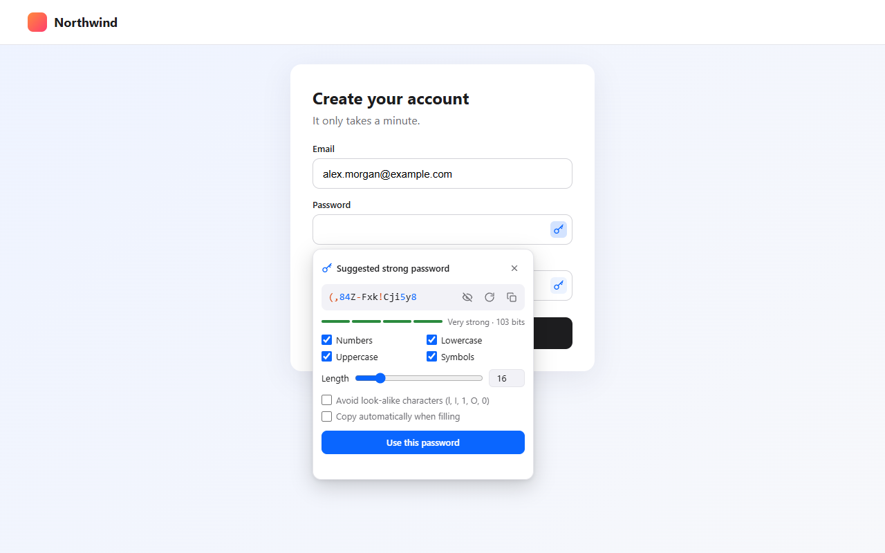 Quick Password panel suggesting a strong password below a sign-up form's password field